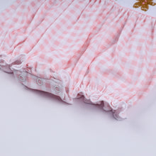 Pink gingerbread hand smocked gingham ruffle bubble - ARIA KIDS