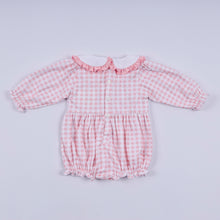 Pink gingerbread hand smocked gingham ruffle bubble - ARIA KIDS