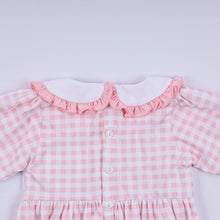 Pink gingerbread hand smocked gingham ruffle bubble - ARIA KIDS