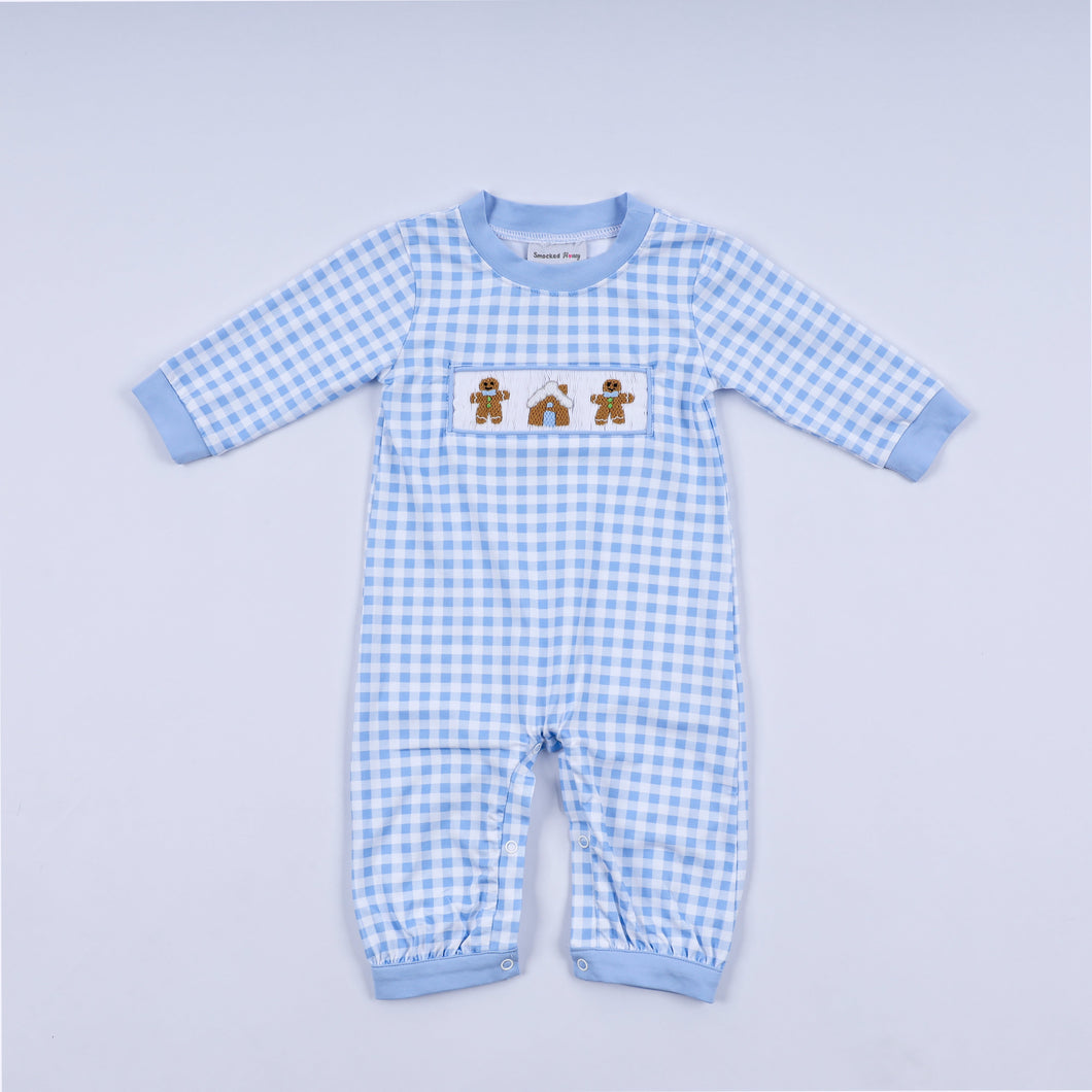 Blue gingerbread hand smocked gingham romper - ARIA KIDS