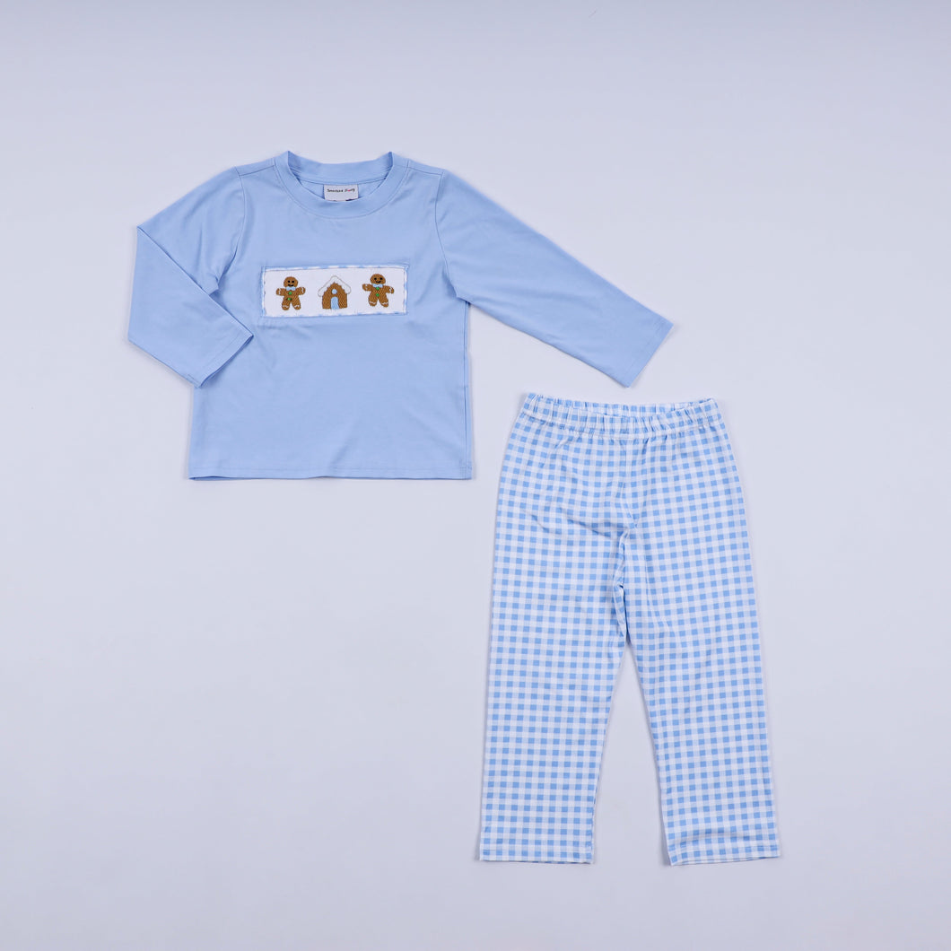 Blue gingerbread hand smocked gingham pants set - ARIA KIDS