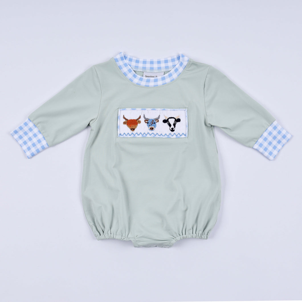 Sage cow hand smocked bubble - ARIA KIDS
