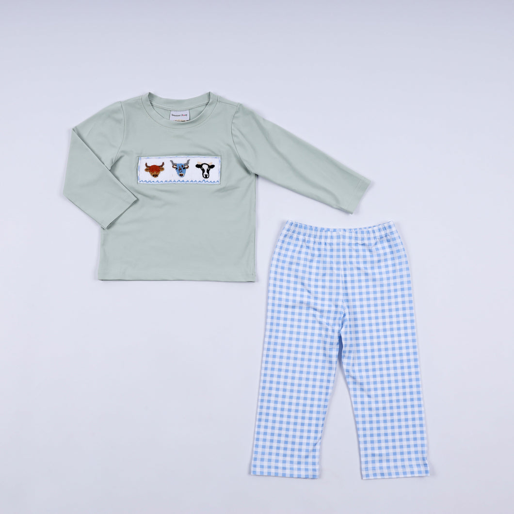Sage cow hand smocked gingham pants set - ARIA KIDS