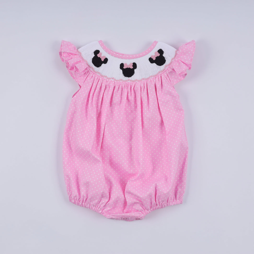 Pink character hand smocked dot ruffle bubble - ARIA KIDS