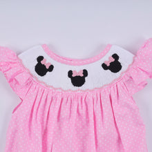 Pink character hand smocked dot ruffle bubble - ARIA KIDS