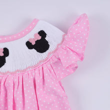 Pink character hand smocked dot ruffle bubble - ARIA KIDS