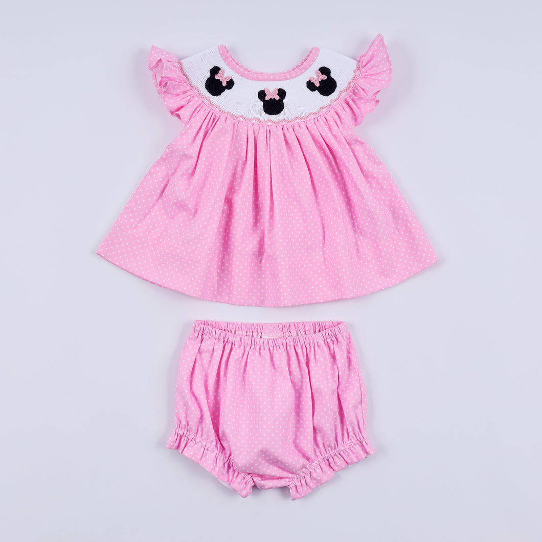 Pink character hand smocked dot ruffle bloomer set - ARIA KIDS