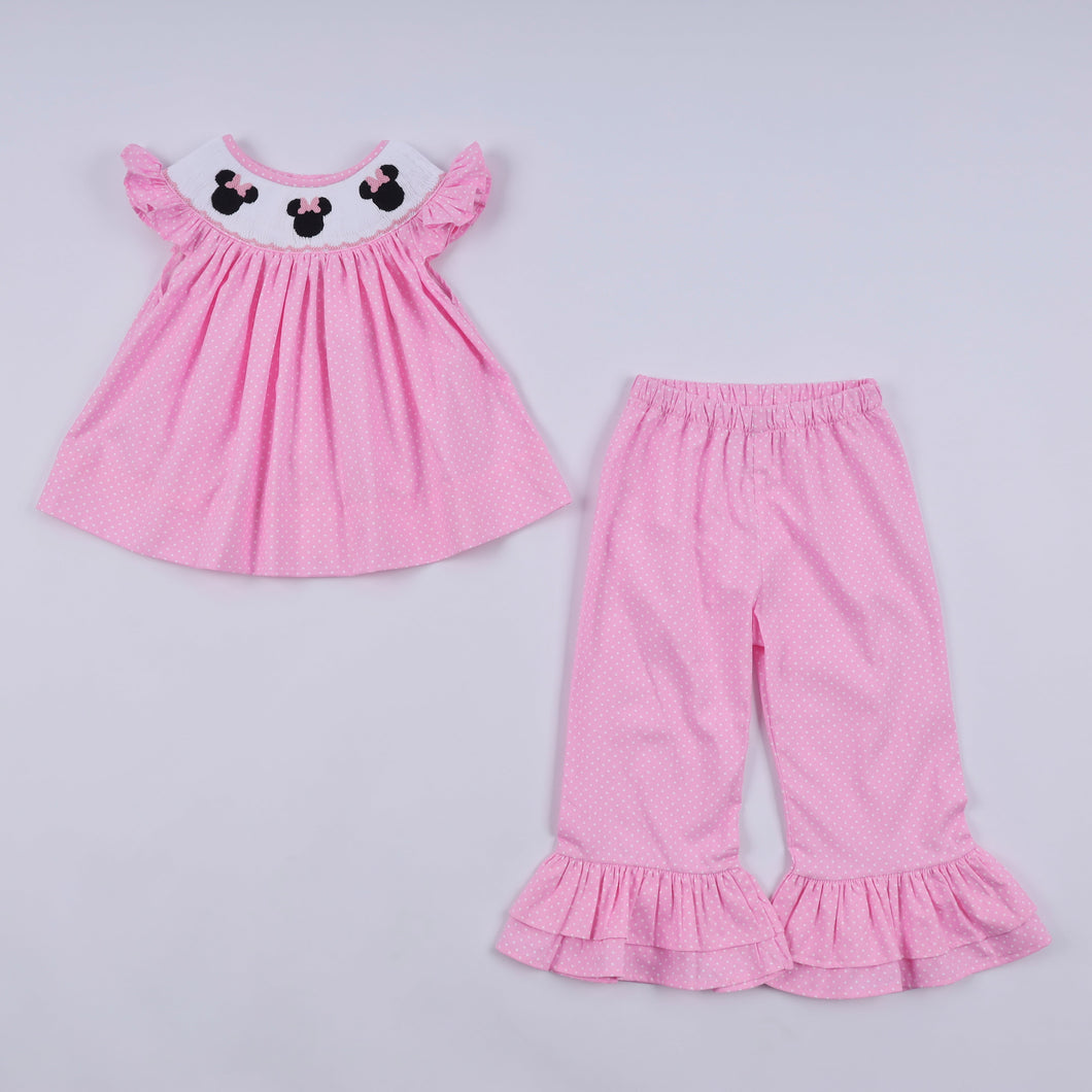 Pink character hand smocked dot ruffle pants set - ARIA KIDS