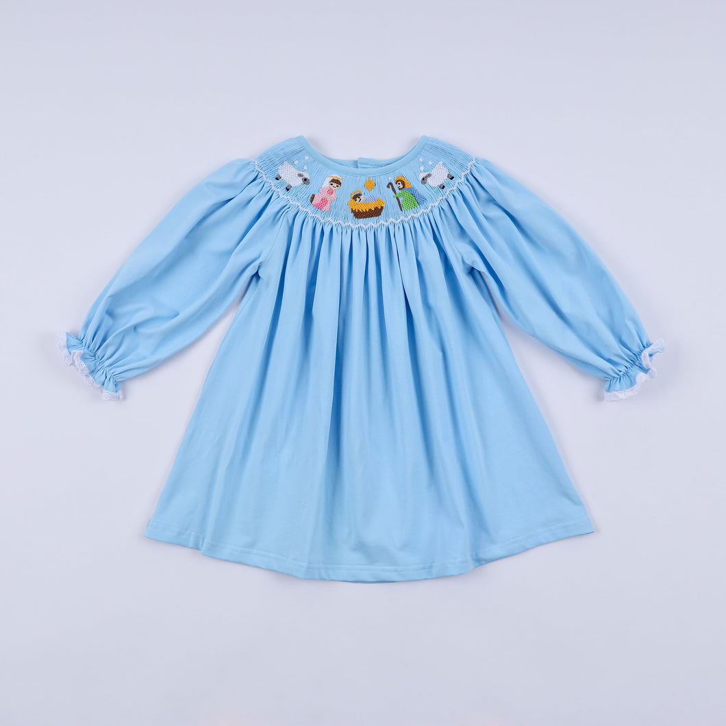 Blue nativity hand smocked dress - ARIA KIDS