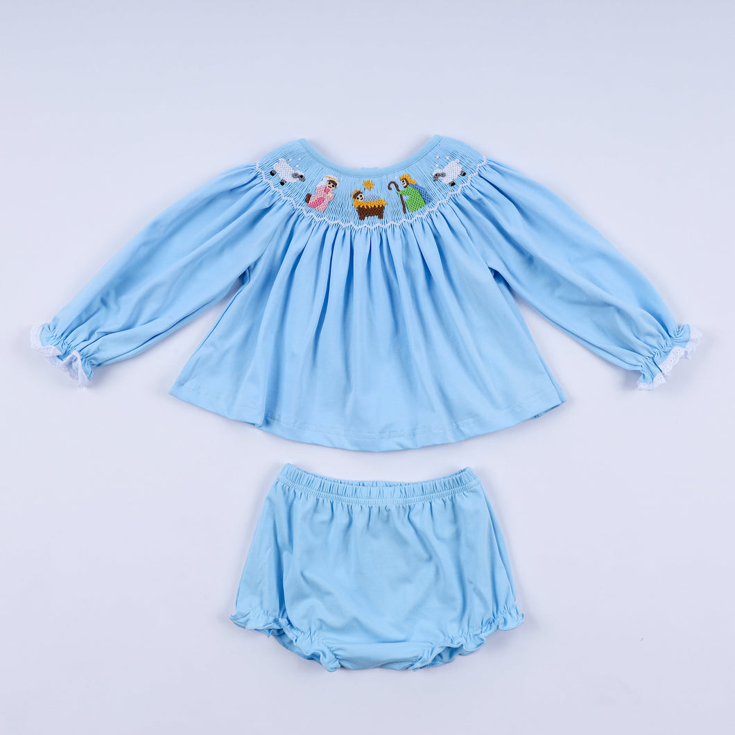 Blue nativity hand smocked bloomer set - ARIA KIDS