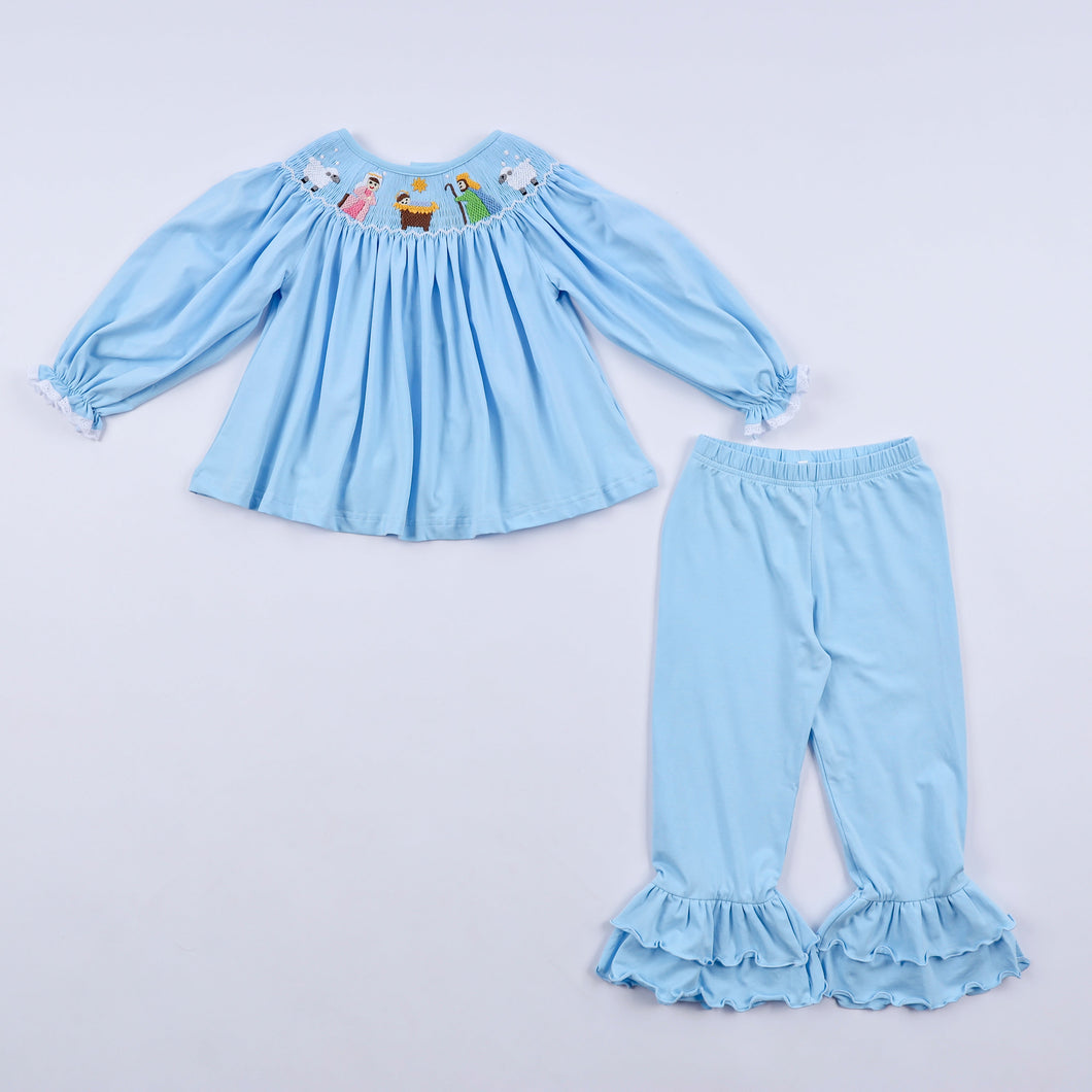 Blue nativity hand smocked ruffle pants set - ARIA KIDS
