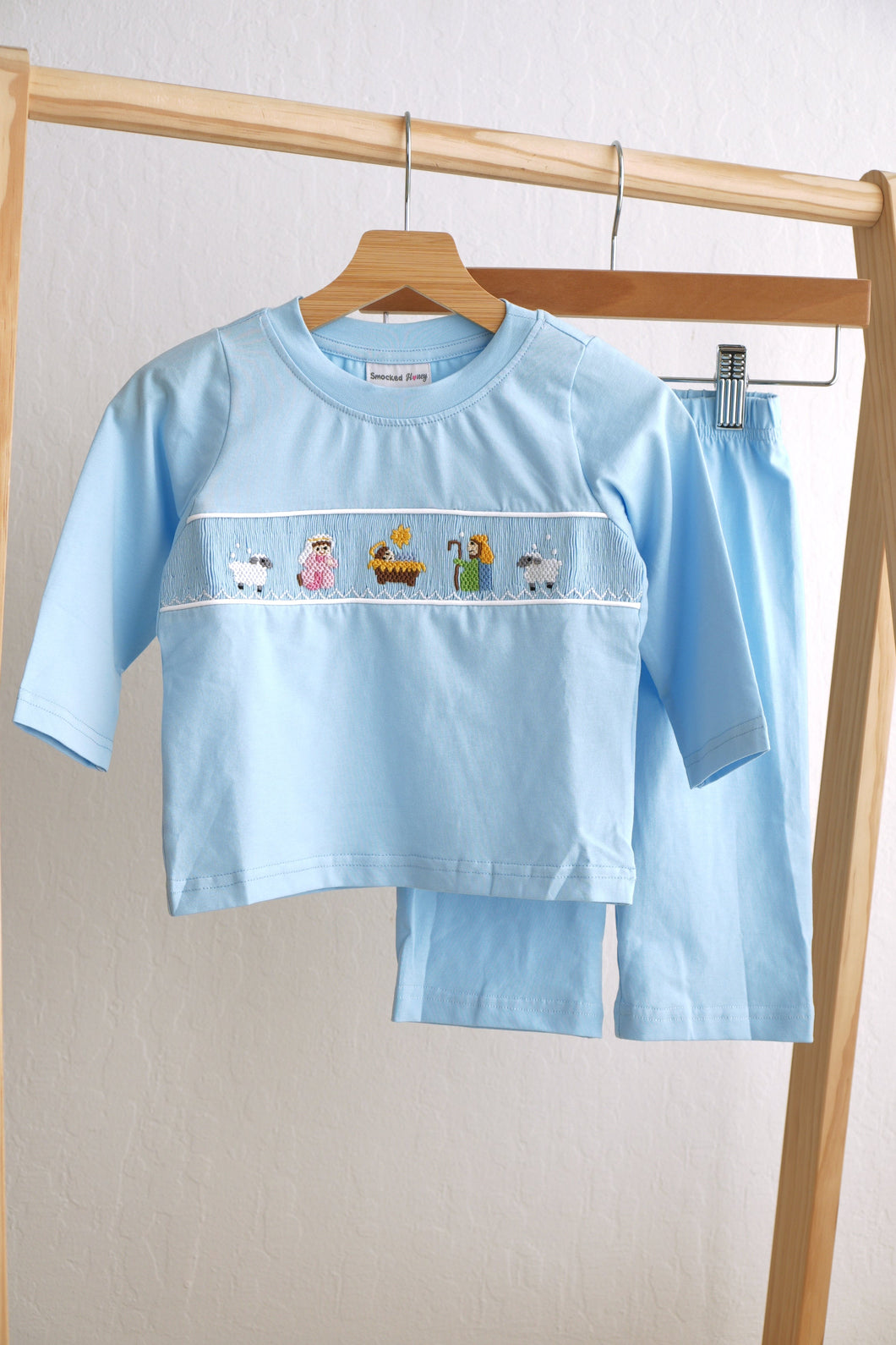 Blue nativity hand smocked pants set - ARIA KIDS