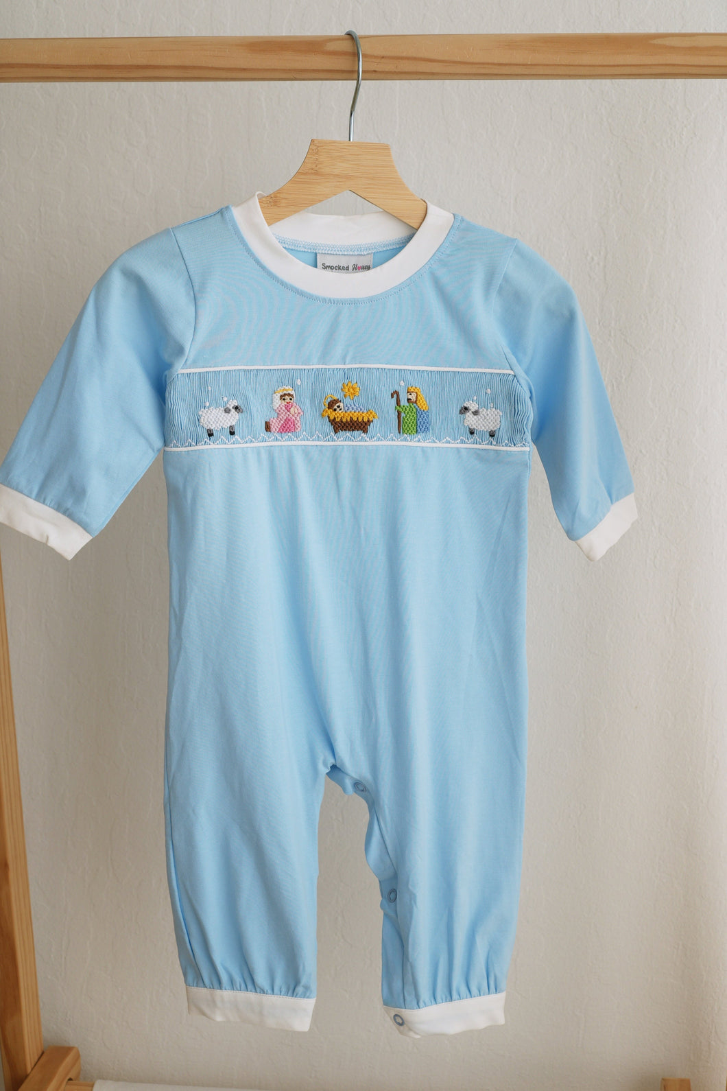 Blue nativity hand smocked romper - ARIA KIDS