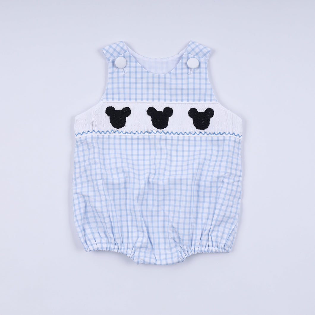 Blue character hand smocked gingham bubble - ARIA KIDS