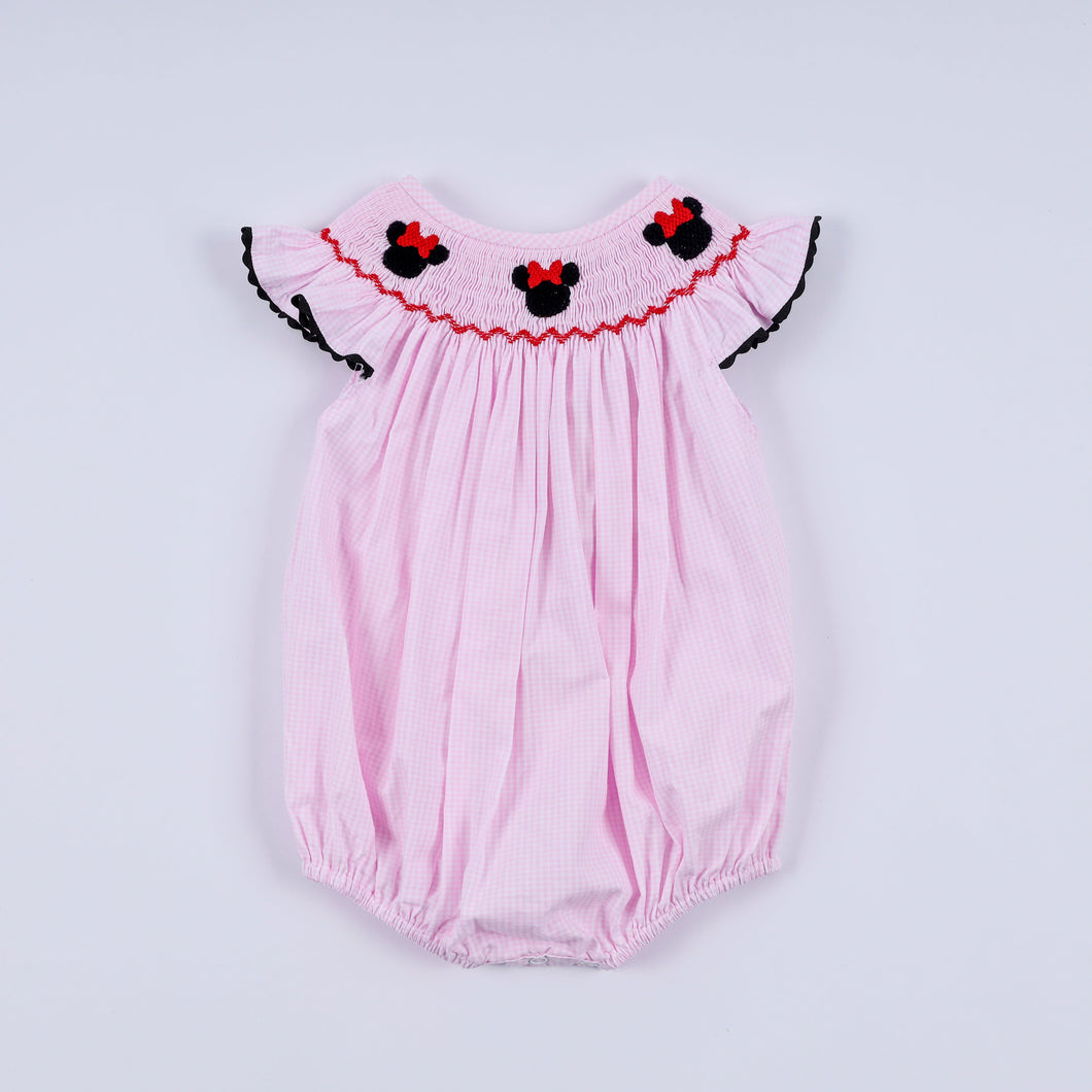 Red character hand smocked plaid ruffle bubble - ARIA KIDS