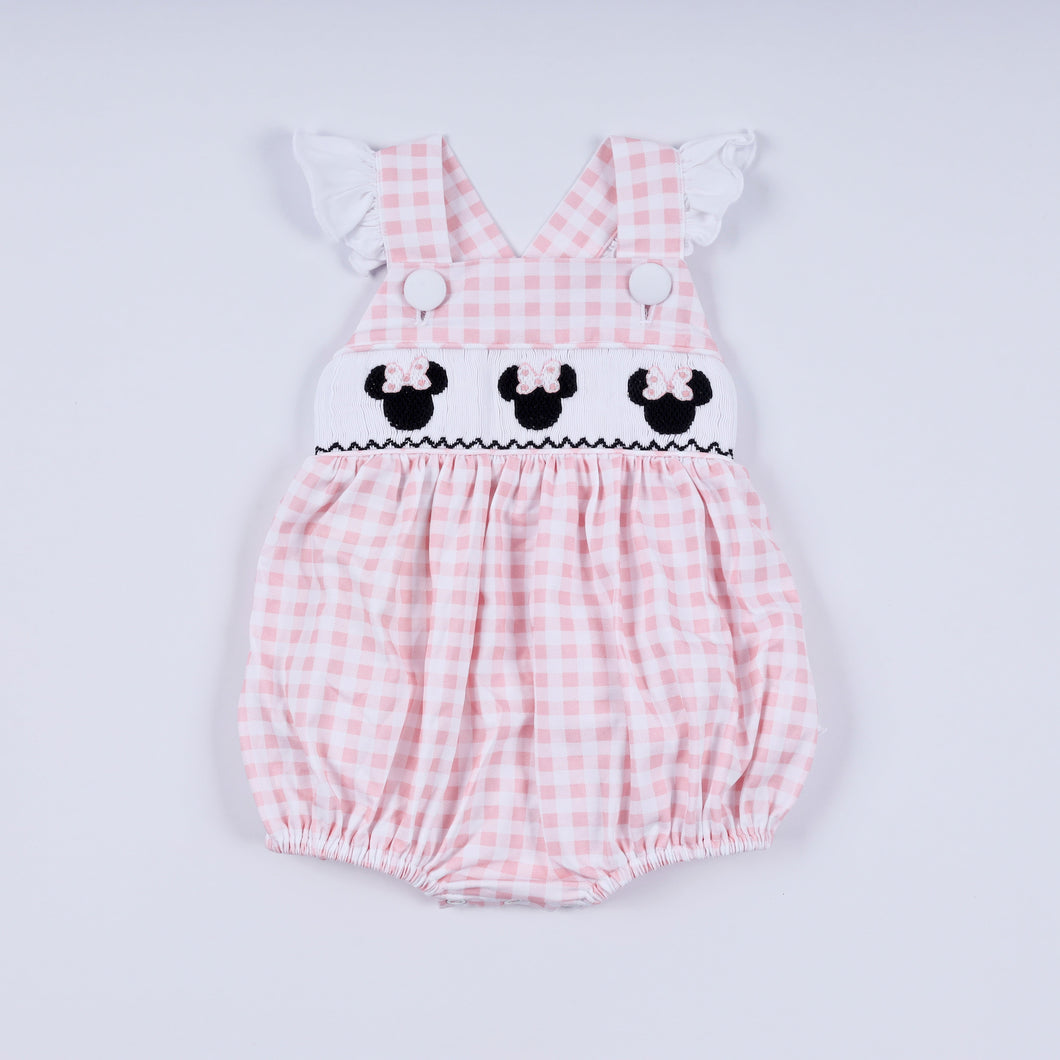 Pink character hand smocked gingham ruffle bubble - ARIA KIDS