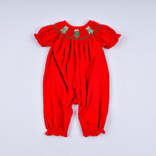 Red christmas tree hand smocked romper - ARIA KIDS