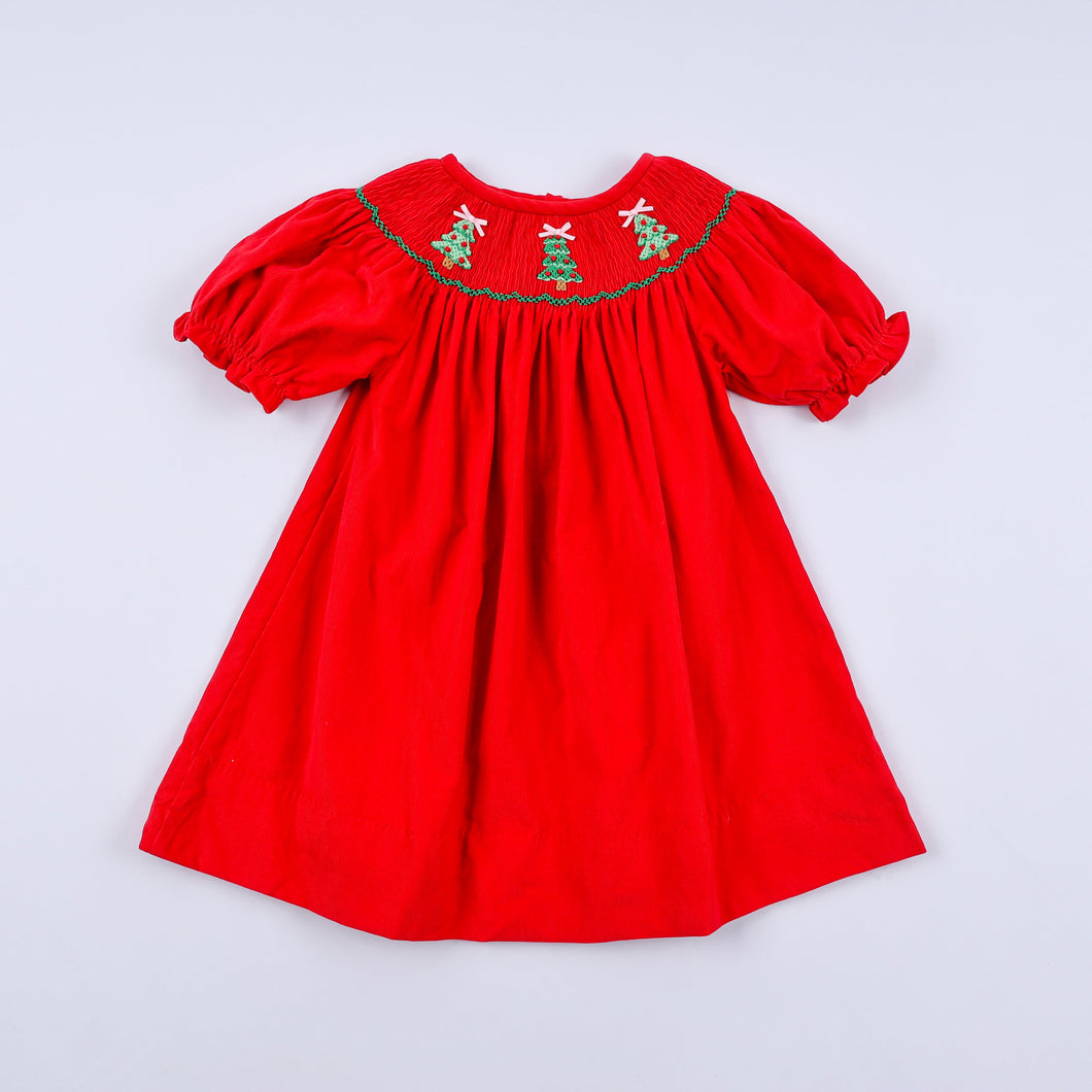 Red christmas tree hand smocked dress - ARIA KIDS