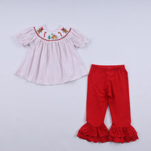 Red gingerbread hand smocked ruffle pants set - ARIA KIDS