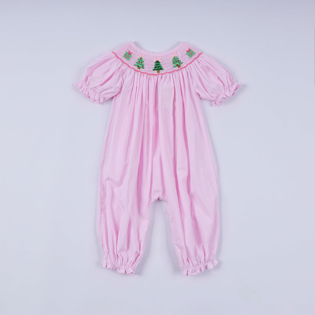 Pink christmas tree hand smocked ruffle romper - ARIA KIDS