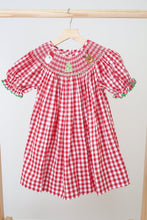 Red christmas santa tree reindeer hand smocked gingham dress - ARIA KIDS