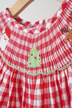 Red christmas santa tree reindeer hand smocked gingham dress - ARIA KIDS