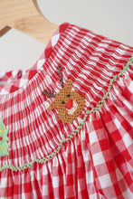 Red christmas santa tree reindeer hand smocked gingham dress - ARIA KIDS