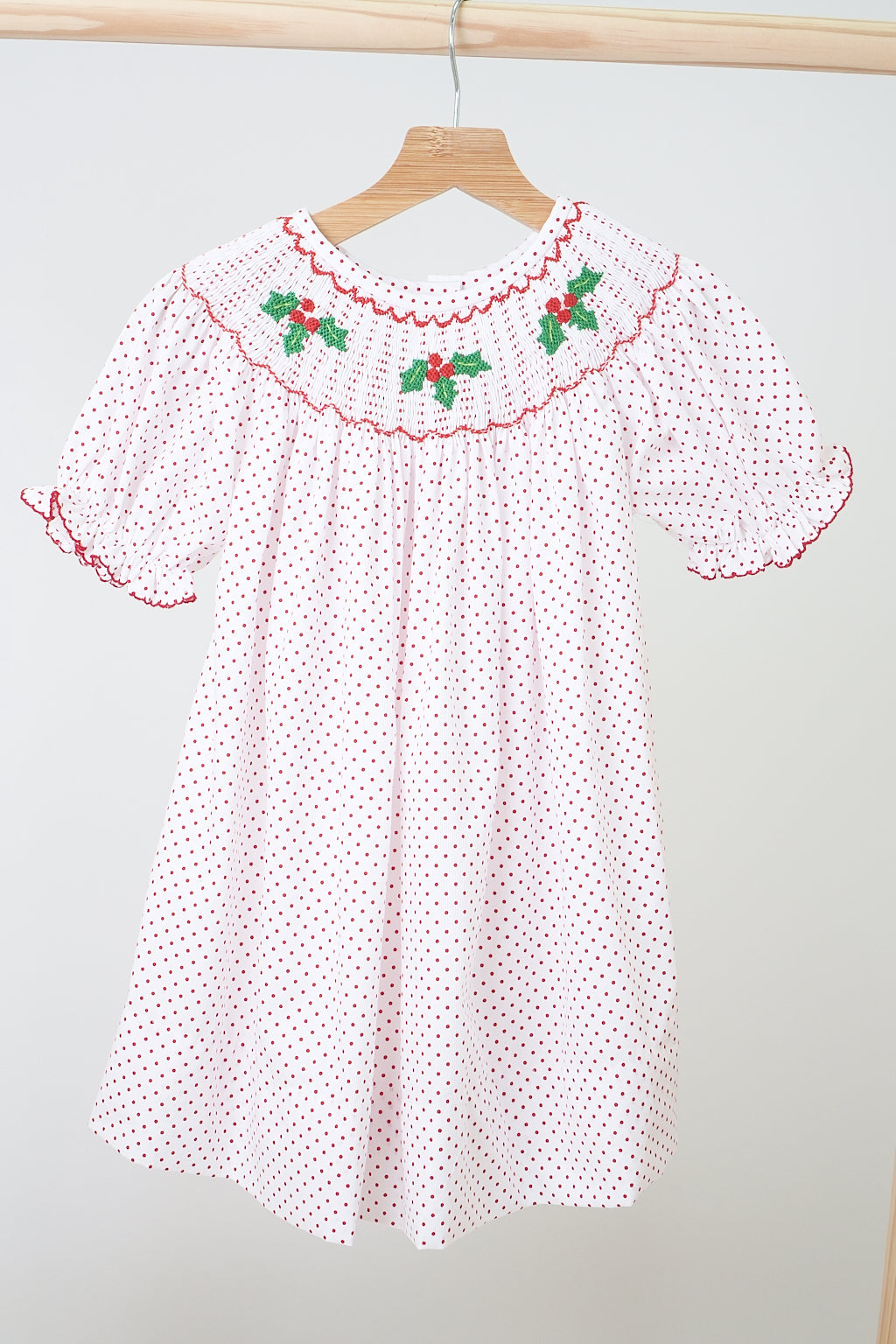 Pink christmas bishop hand smocked dot dress - ARIA KIDS