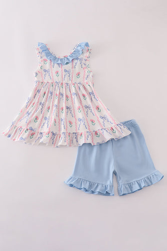 Blue floral bow ruffle shorts set - ARIA KIDS