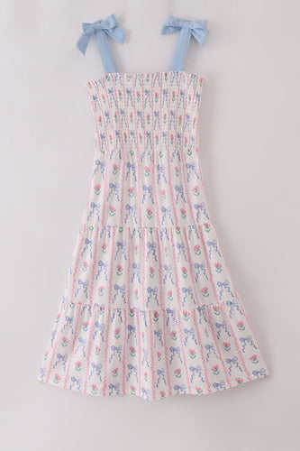 Blue floral bow print smocked mom dress - ARIA KIDS