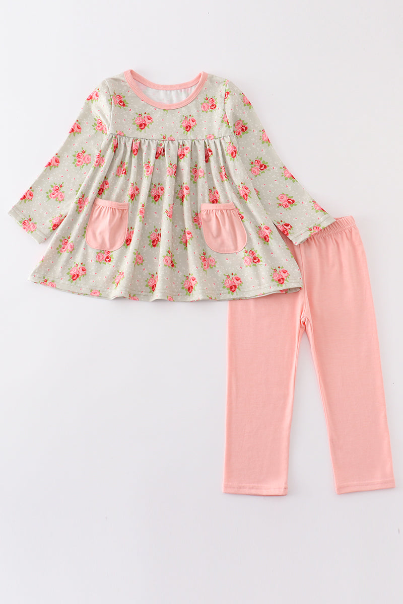 Pink floral print pocket girl set - ARIA KIDS