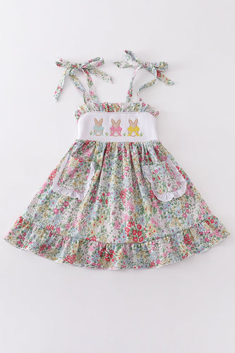 Floral print bunny embroidery smocked girl dress