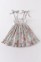Floral print bunny embroidery smocked girl dress