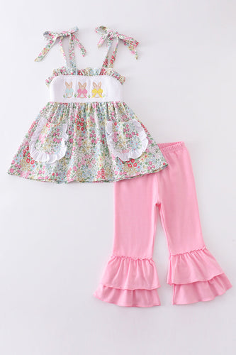 Floral print bunny embroidery smocked girl set
