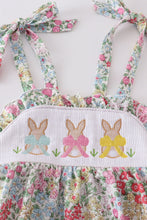 Floral print bunny embroidery smocked girl bubble