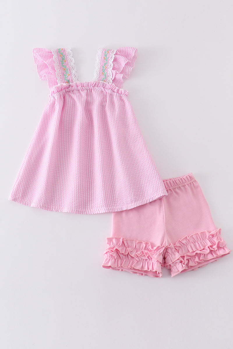 Pink stripe seersucker floral embroidery girl set - ARIA KIDS