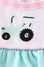 Pink tractor embroidery plaid girl bubble