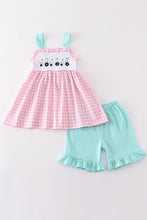 Pink tractor embroidery plaid girl set - ARIA KIDS