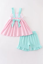 Pink tractor embroidery plaid girl set