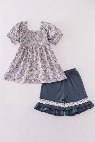 Blue floral whisper smocked girl set - ARIA KIDS