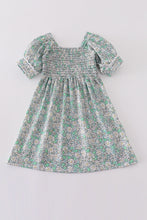 Green floral print smocked girl dress - ARIA KIDS