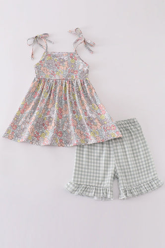 Sage pastel floral harmony girl gingham set - ARIA KIDS