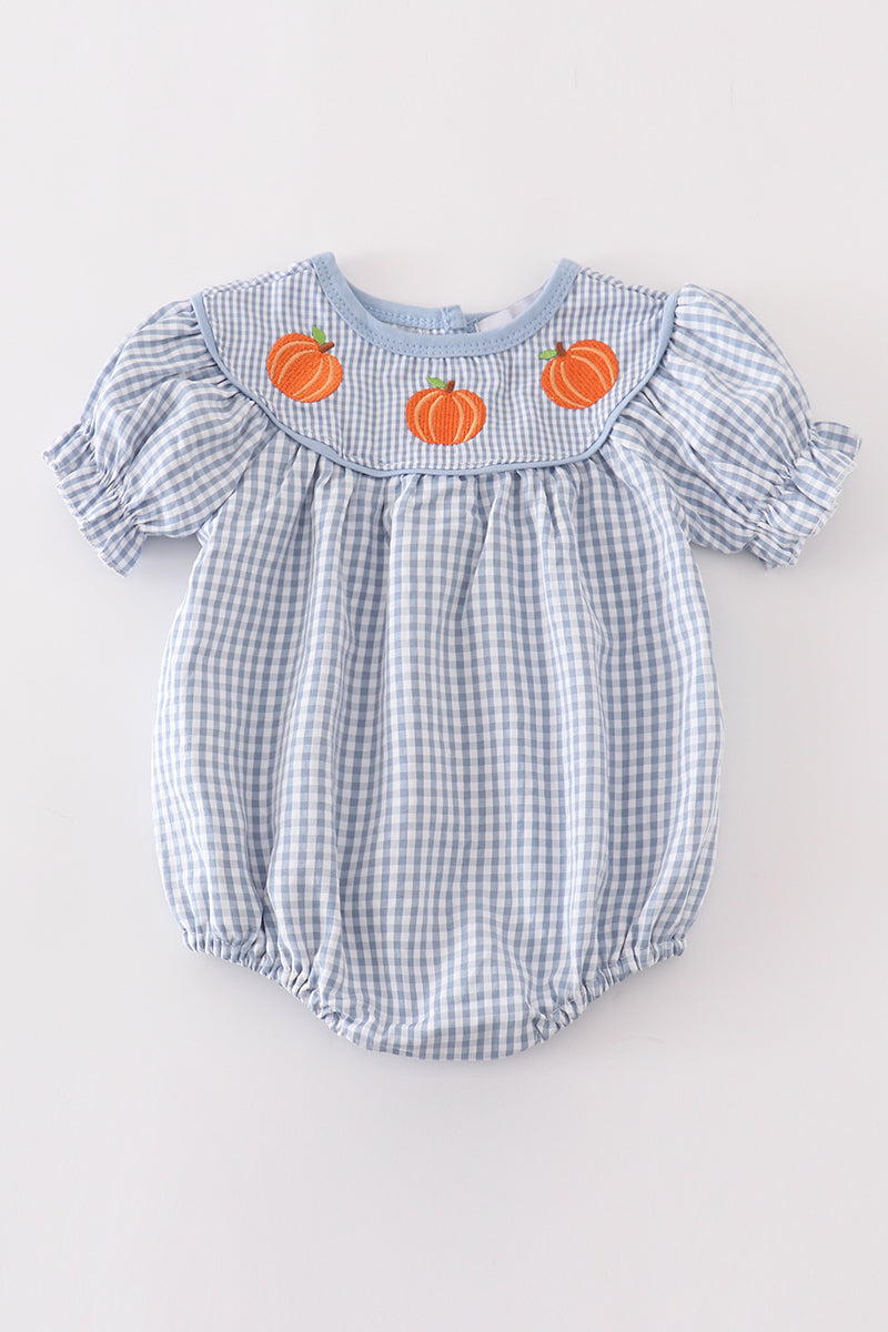 Blue woven check pumpkin embroidery girl bubble - ARIA KIDS