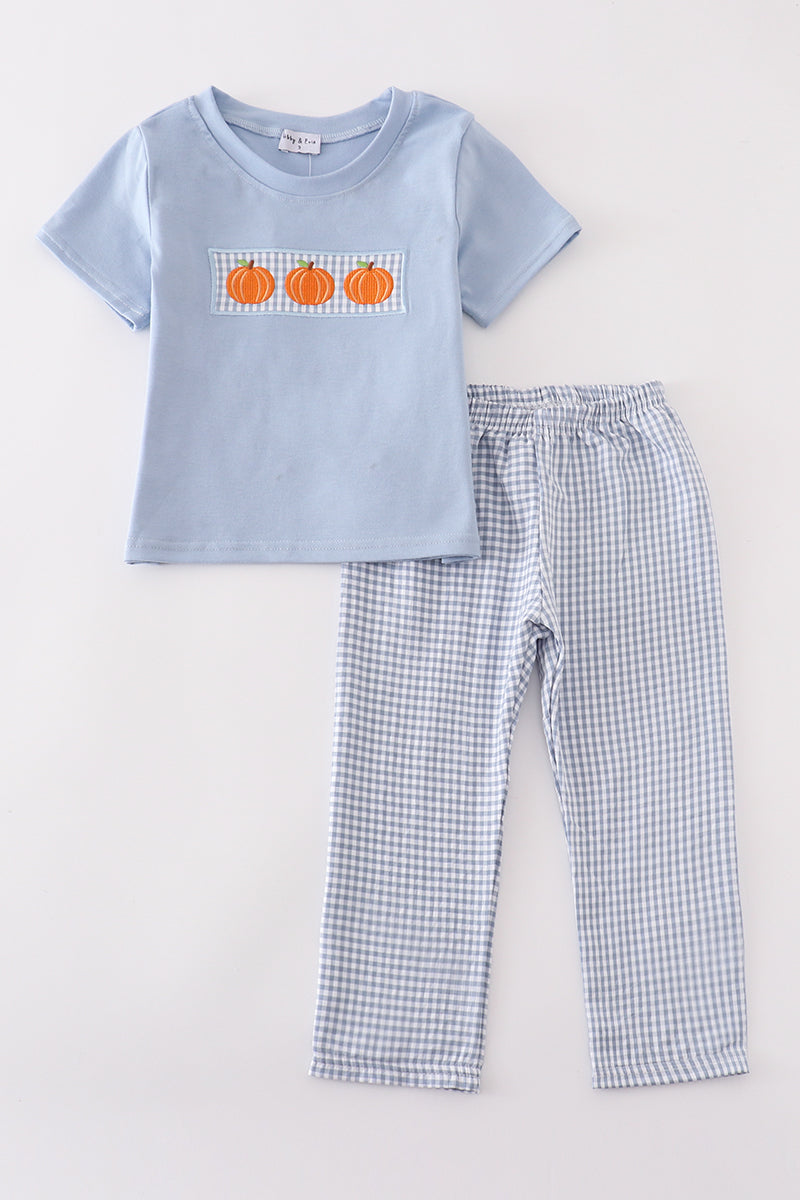 Blue woven check pumpkin embroidery boy set - ARIA KIDS