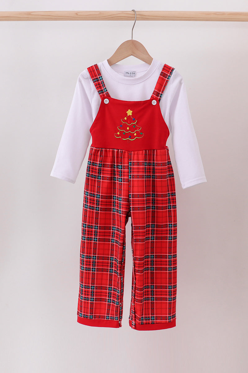 Red tree embroidery plaid jumpsuit set - ARIA KIDS