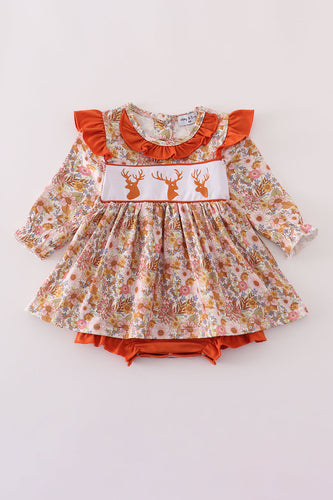 Rust floral print deer embroidery ruffle bubble - ARIA KIDS