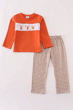 Rust deer embroidery gingham pants set - ARIA KIDS