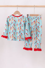 Blue christmas character print pajamas ruffle pants set - ARIA KIDS