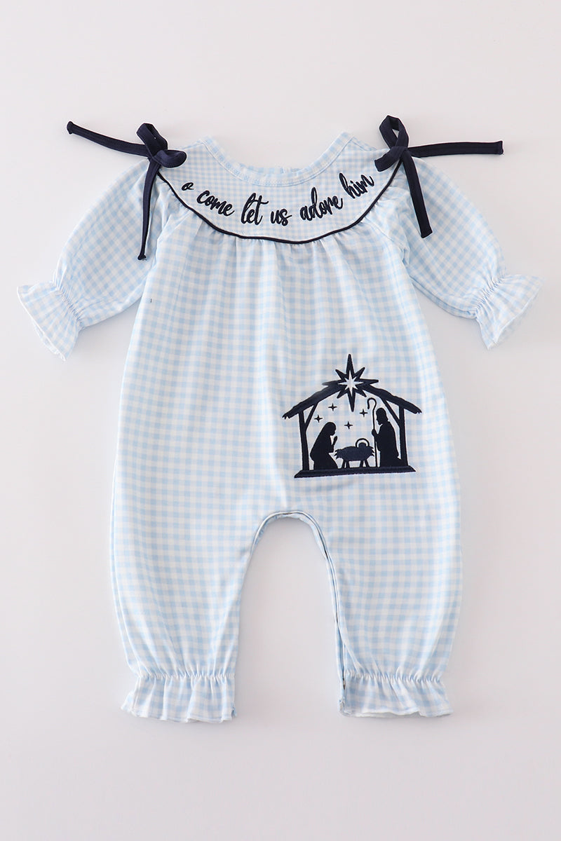 Navy plaid nativity embroidery girl romper - ARIA KIDS
