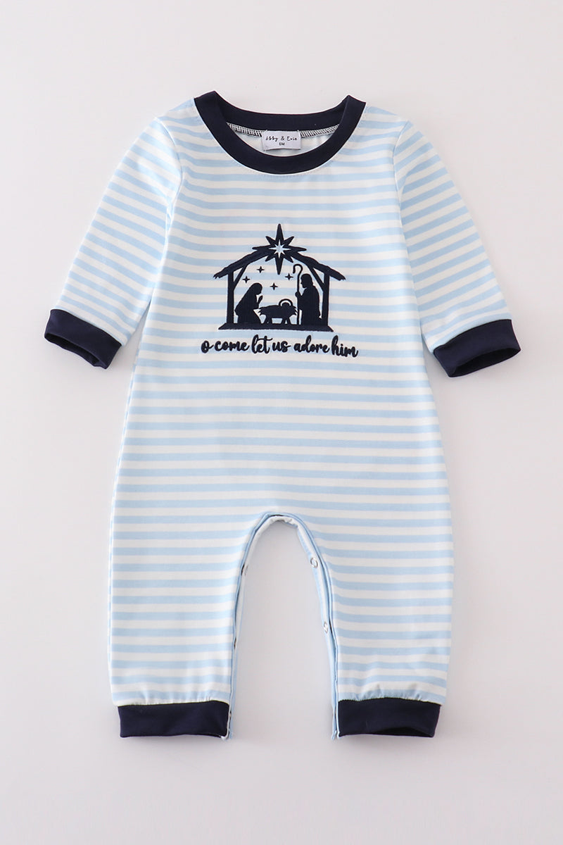 Navy plaid nativity embroidery boy romper - ARIA KIDS